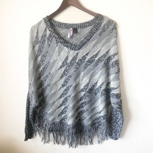 Fringe Grey Patterned Knit Poncho